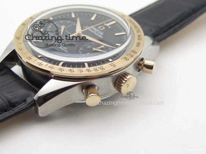 0517 Trendsetting Speedmaster ’57 SS Chrono AXF Best Edition RG Bezel Black Dial on Black Leather Strap A 8283